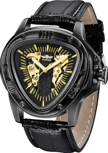 Vista 2 de Triangle Golden Skeleton Watch for Men Mechanical Automatic Wristwatch Sport Silver Stainless Steel Mens Watches
