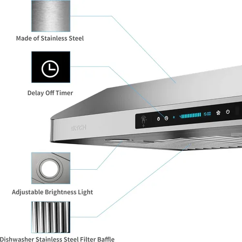 Vista 5 de IKTCH Campana extractora para debajo del gabinete de 30 pulgadas con 900 CFM, panel de control táctil y detección de gestos de 4 velocidades