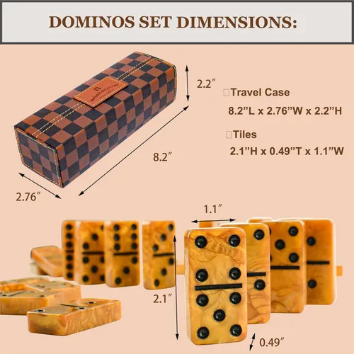 Vista 3 de Juego de dominó Vovotuzzi para adultos, dominó grueso, juego de dominó doble 6 para adultos y niños, 28 fichas de mármol dorado en estuche de cuero