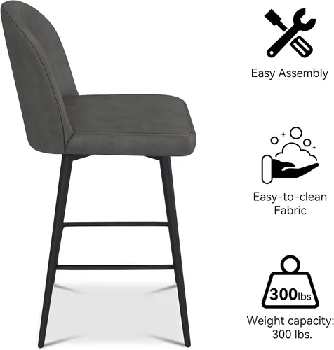 Vista 7 de Taburetes de bar giratorios de altura de mostrador, 26 pulgadas de altura del asiento, juego de 2, gris retro Modern Leather Upholstered Barstools