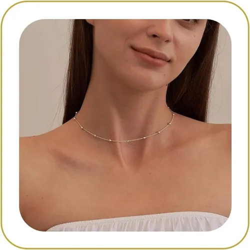 Vista 19 de Tewiky - Collar de Cadena de Oro para Mujer, Chapado en Oro de 14 Quilates, Collar de Cuentas Finas con Forma de Ola, Collar Delicado de Oro Capa