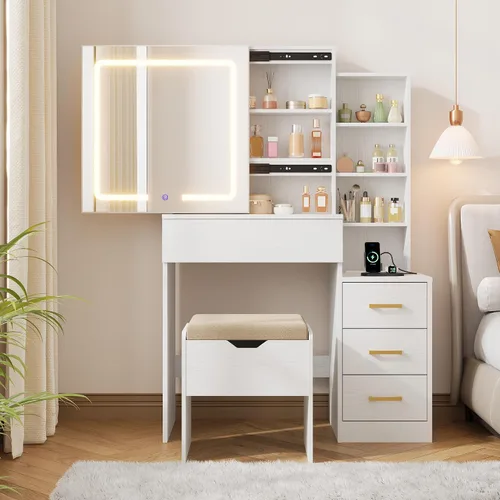 Vista 11 de GarveeHome Makeup Vanity Desk with Sliding Mirror, Vanity Dressing Table with 3 Color Adjustable Lights, Girls Vanity Set with Stool, 4 Compact