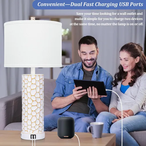 Vista 6 de Brightever Lámpara de mesa para sala de estar, juego de 2 lámparas táctiles con puertos de carga USB duales, lámparas de granja regulables de 3 vías
