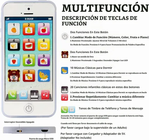 Vista 2 de Teléfono IPhone de juguete Durherm recargable por medio del puerto USB.