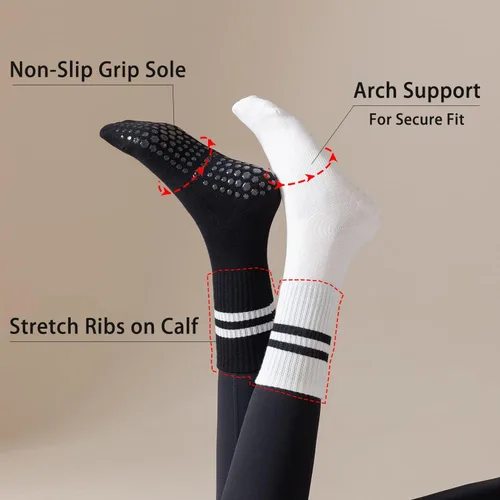Vista 7 de Lacholin 3 pares de calcetines de yoga y pilates con empuñaduras para mujer, calcetines de algodón antideslizantes para barras, ballet, danza