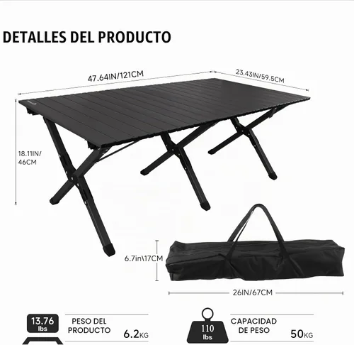 Vista 3 de rollingsurfer - Mesa plegable para acampar, mesa ligera enrollable de aluminio, mesa de picnic baja portátil con bolsa de fácil transporte para Negro