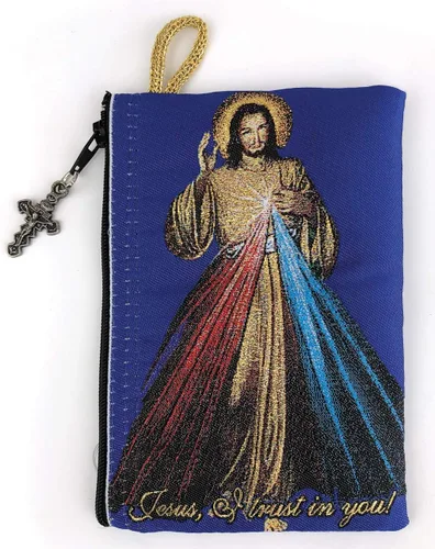 Vista 5 de Bolsa de rosario con cuerda católica de madera de olivo, rosario de Israel, Jesús Rey del Universo y creo en Dios, tela tejida, estilo tapiz, bolsa
