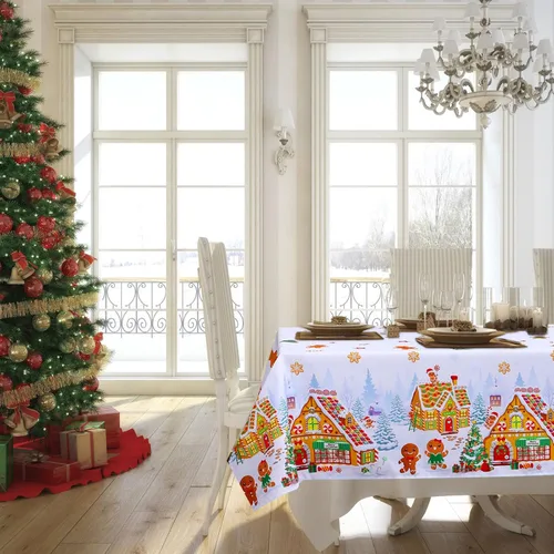Vista 6 de Tiamon - Mantel de Navidad de jengibre de 52 x 70 pulgadas, mantel reutilizable de hombre de jengibre, mantel de árbol de Navidad de poliéster