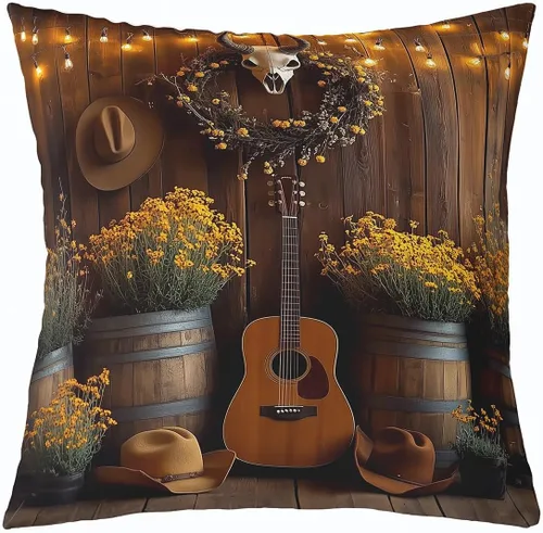 Vista 14 de Castle Fairy Cowboy Boots Throw Pillow Cover 16"x16" Bohemia Musical Guitar Pillowcase Western Rustic Cowgirl Reversible Print Cushion Cover Music
