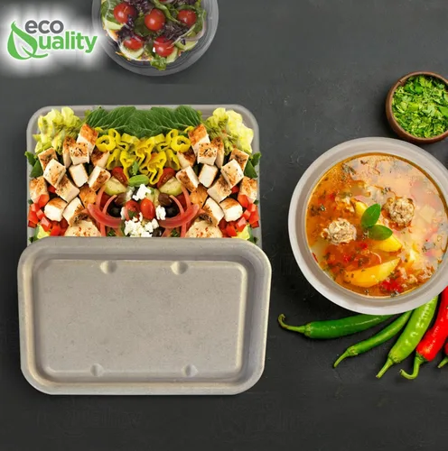 Vista 7 de EcoQuality Cuencos desechables de 40 onzas con tapas de fibra, cuencos rectangulares de papel biodegradable de fibra de caña de azúcar compostable
