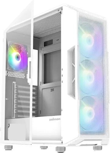 Vista 9 de Zalman i3 NEO Carcasa de PC ATX de Torre Media, 4 ventiladores RGB fijos preinstalados para alto rendimiento de flujo de aire, puerta oscilante