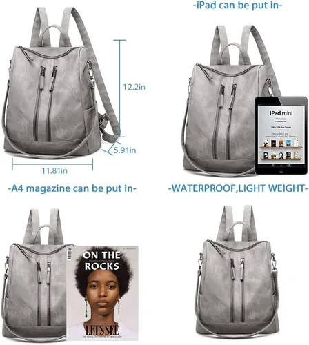 Vista 5 de Mochila para mujer, mochila pequeña de cuero impermeable antirrobo, bolsos de hombro para mujer