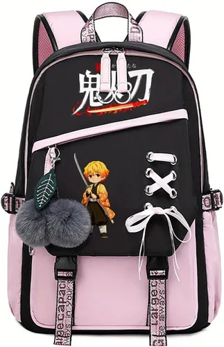 Vista 12 de Linda mochila escolar para niñas y niños, mochila escolar para estudiantes de primaria media, mochila escolar Kawaii con colgante (rosa)