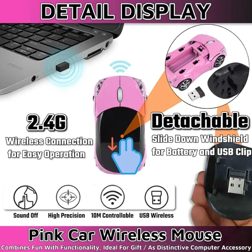 Vista 2 de Ratón inalámbrico rosa para coche, 2.4G inalámbrico con receptor USB, ratón óptico para PC, portátil, tableta, Win XPVista7ME2000Mac OS Mouse rosa
