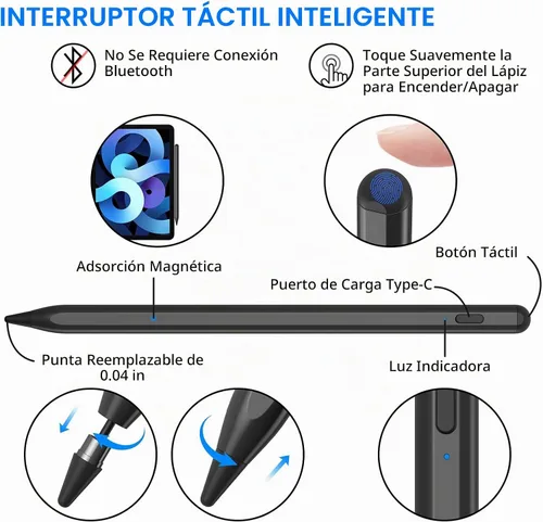 Vista 2 de NTHJOYS - Bolígrafos para pantallas táctiles, lápiz óptico activo para iOS/Android con diseño magnético de punta fina compatible con Apple Negro