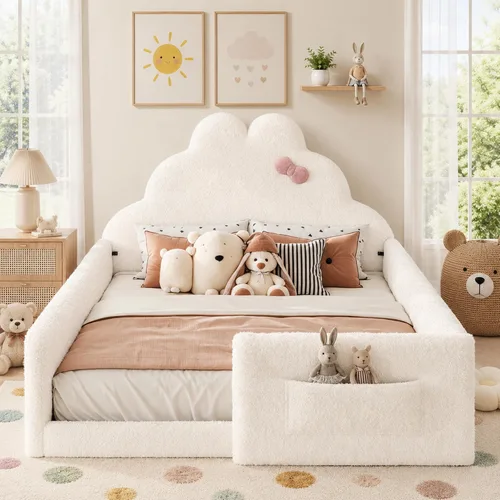 Vista 14 de Cama de suelo tapizada de tamaño matrimonial con valla y bolsillos, cama de Cama de suelo tapizada de tamaño matrimonial con listones y cabecero