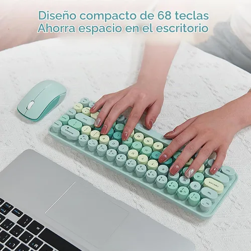 Vista 4 de Combo compacto de teclado y mouse inalámbricos, teclas redondas coloridas, 68 teclas sin sonido, adecuado para niñas y niños, compatible con Azul