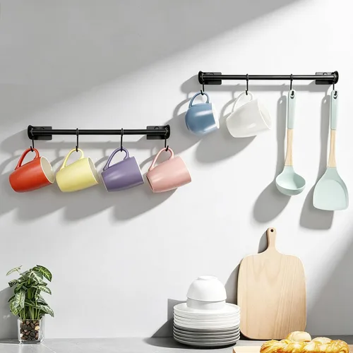 Vista 2 de Soporte para tazas de café con 4 ganchos para montar en la pared, juego de 4 colgadores modernos para tazas de té de 15.6 pulgadas, juego de 2