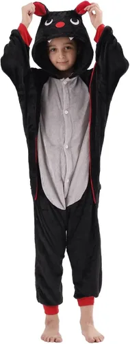 Vista 3 de Disfraz de una pieza de franela con capucha para niños y niñas, disfraz de Halloween de animales negro (Black Bat)