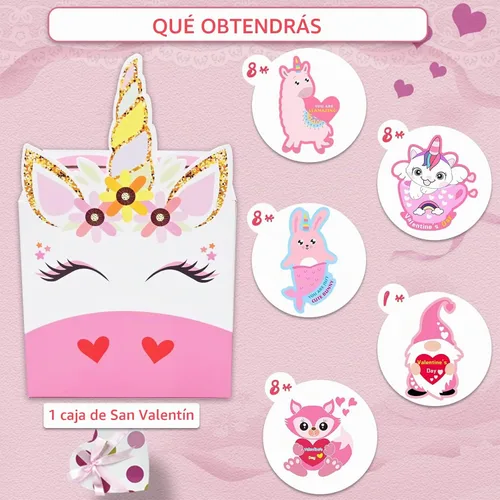 Vista 2 de Cajas de San Valentín, 33 tarjetas de unicornio para el día de San Valentín y buzón de San Valentín para intercambio de suministros de fiesta