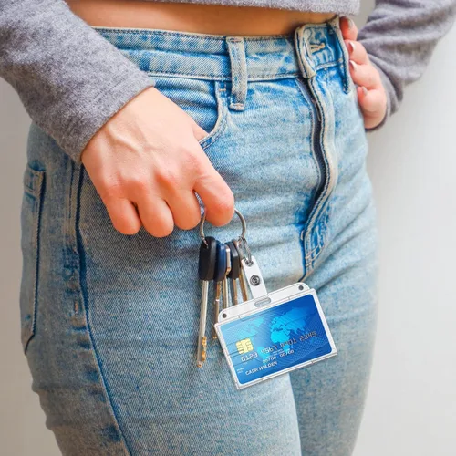 Vista 2 de TIESOME Portatarjetas de identificación con llavero, paquete de 2 soportes de tarjetas de alta resistencia, llavero de plástico duro, protector