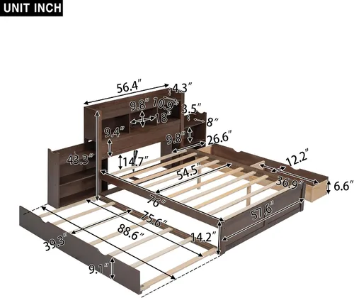 Vista 2 de Bellemave Base de cama matrimonial con cabecera de almacenamiento con estación de carga, plataforma de madera con nido, estantes extraíbles