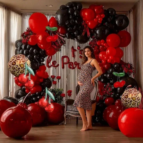 Vista 9 de Kit de arco de globos rojos y negros, guirnalda de globos con estampado de guepardo y cereza para cumpleaños, novia, baby shower, despedida de Negro