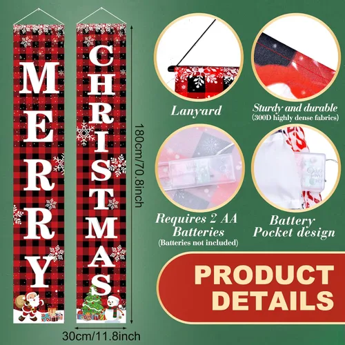 Vista 2 de Cartel iluminado de Feliz Navidad de 71 x 12 pulgadas para puerta, porche, patio, decoración festiva de Navidad, decoración temática de vacaciones