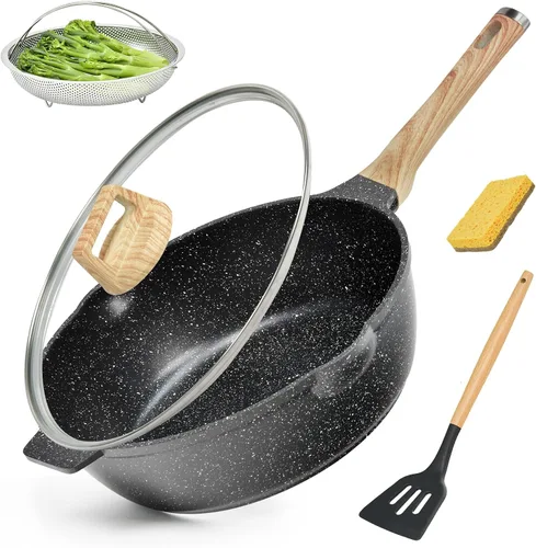 Vista 8 de Sartén antiadherente de 12 pulgadas con tapa y espátula, sartén jumbo de 6 cuartos de galón con boquilla de vertido, wok de chef de granito