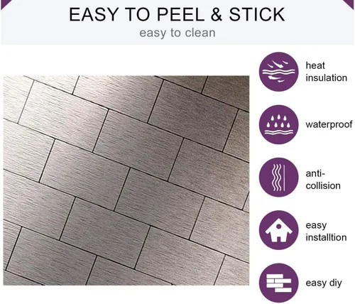 Vista 6 de XUANINY 32 azulejos de metal para salpicaduras de metal autoadhesivos, mosaico de aluminio autoadhesivo, adhesivo de pared 3D para cocina metro