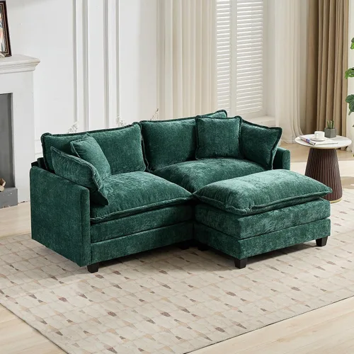 Vista 129 de Sofá seccional modular verde de 111.5", sofás seccionales grandes de 3 plazas para sala de estar, sofá nube oversized de tela chenille con otomana
