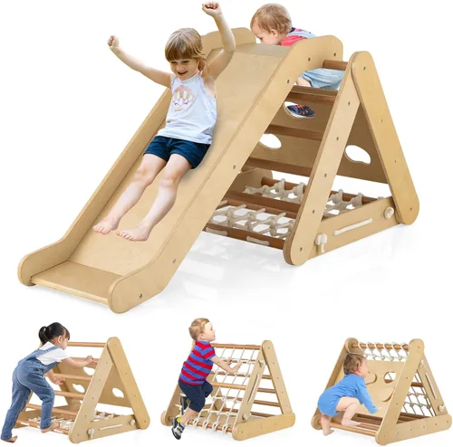 Vista 13 de HONEY JOY Escaladora triangular con rampa, escalera triangular para niños para guardería, gimnasio y parque infantil, juguetes de escalada Colorido