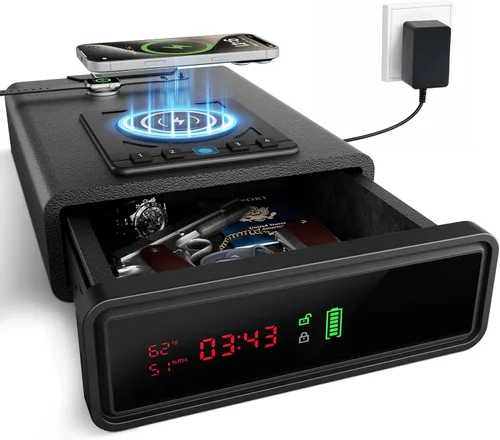 Vista 9 de XDeer Caja fuerte biométrica inteligente para pistola, mesita de noche caja fuerte inteligente con carga inalámbrica para teléfono y reloj, 4