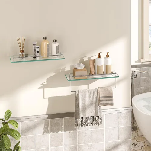 Vista 5 de HOOBRO Estantes de vidrio para baño, estante de vidrio flotante de 15.7 pulgadas para pared, juego de 2 soportes montados en la pared de acero