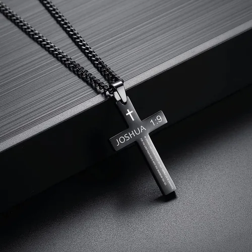 Vista 5 de REVEMCN Collar inspirador de cruz con versículo bíblico para hombres y niños, collar con colgante de cruz de plata negra lisa de acero inoxidable
