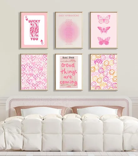 Vista 5 de QMV 6 piezas de arte de pared rosa preppy de póquer Halo Digital Room Póster estético mariposa sonriente y2k retro moda estilo universitario