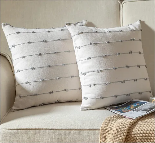 Vista 14 de Caflife Fundas de Almohada Decorativas Boho 18x18 pulgadas Beige y Negro, Juego de 2 Fundas de Almohada Decorativas Modernas Estilo Granja para Sofá