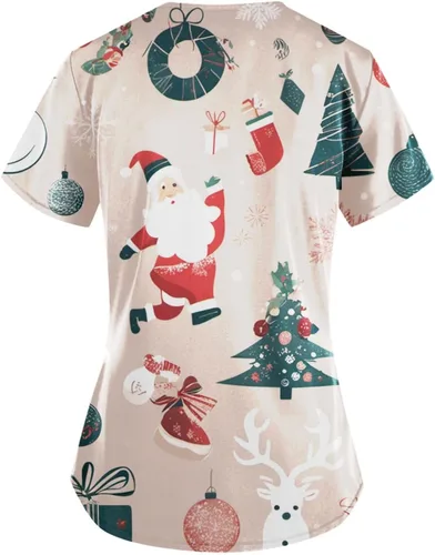 Vista 2 de Christmas Scrub Tops Women Plus Size Printed Santa Tree Snowman Pattern V Neck T Shirts Work Scrubs with Pockets