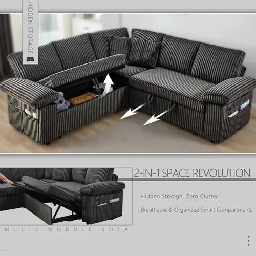 Vista 7 de Sofá modular de 81 pulgadas, sofá cama de 5 plazas en forma de L con cama extraíble, almacenamiento oculto y puertos de carga USB, sofás seccionales