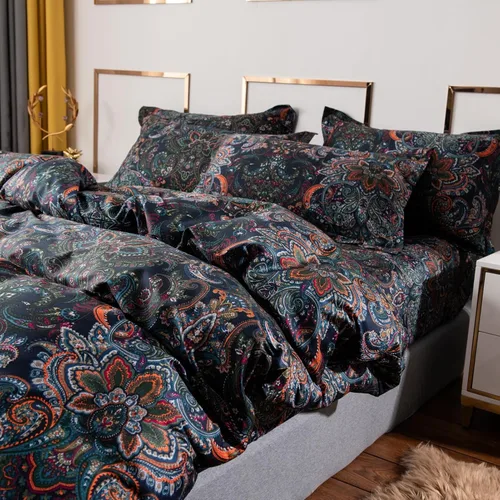 Vista 3 de ABREEZE Juego de funda de edredón de lujo, vintage, negro, estampado damasco y cachemira, colección de ropa de cama retro, 100% algodón cepillado