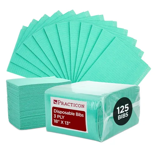 Vista 5 de Practicon Paquete de 125 Baberos Desechables Negros para Pacientes, 18" x 13", Hoja de Babero de Papel Impermeable de 3 Capas con Respaldo