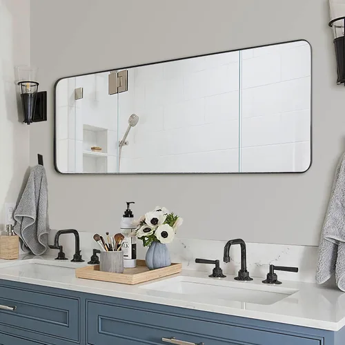 Vista 38 de ANDY STAR Espejo de pared cuadrado para baño, espejo de baño negro mate de 24 x 24 pulgadas, espejo de metal de esquina redondeada en marco de acero
