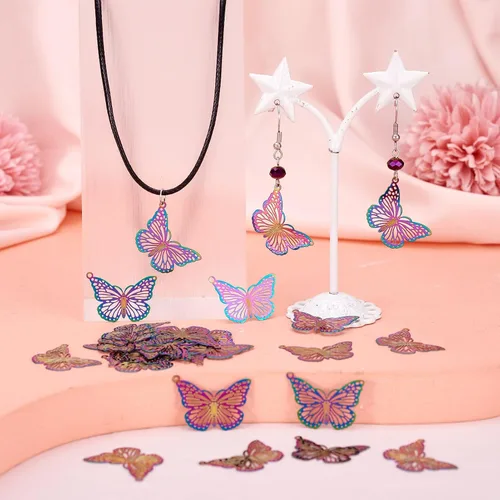 Vista 2 de FASHEWELRY 50 piezas de conectores de filigrana de mariposa de acero inoxidable, adornos de metal grabados con arco iris para fabricación de joyas