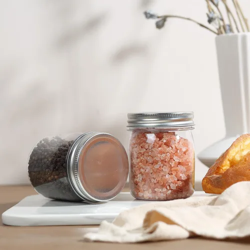 Vista 6 de Paquete de 16 tarros de plástico plateados de 8 onzas con tapas de rosca, recipientes de plástico para almacenamiento de alimentos para almacenar