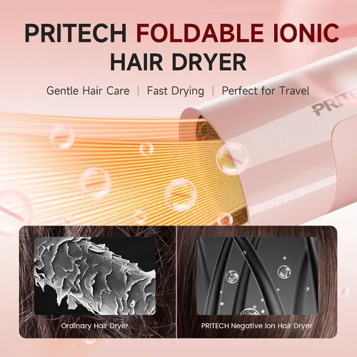 Vista 5 de PRITECH - Secador de pelo de viaje de doble voltaje de 1250 W con difusor, plegable Pink Blow Dryer with Concentrator,110V/220V Worldwide Use,Mini