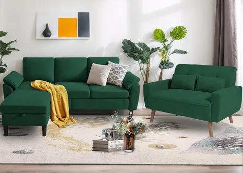 Vista 17 de Juego de 2 sofás para sala de estar, sofás convertibles en forma de L de 3 asientos con otomana y silla decorativa, sofá moderno de lino para Gris