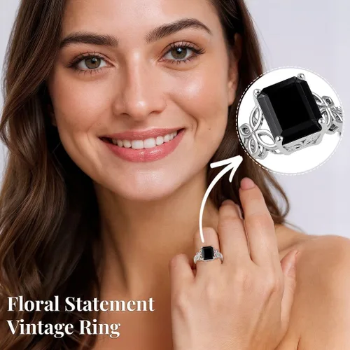 Vista 5 de Black Tourmaline 925 Sterling Silver Statement Ring for Women Octágono