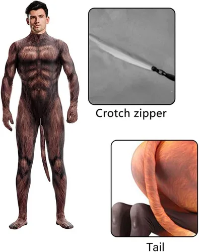 Vista 85 de Disfraz de animal para hombre con estampado de cola grande, overol peludo de elastano para cosplay, fiesta de Halloween