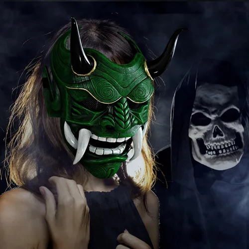 Vista 3 de Máscara de Halloween de miedo japonesa Hannya Oni, máscara de látex de cara completa Evil De-mon Mon-ster para hombres