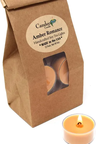 Vista 2 de Amber Romance - Velas de té de soja, paquete de 12 unidades, velas de té beige, altamente perfumadas, fabricadas con cera de soja, hechas a mano